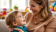 Woman holding a smiling child in a cozy room with colorful toys and books. Bright, joyful atmosphere and warm expressions.