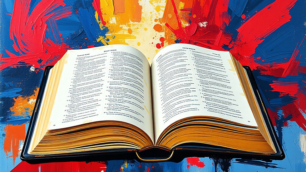 Open book with dense text on a vibrant red, blue, and yellow painted background, creating a creative, lively mood