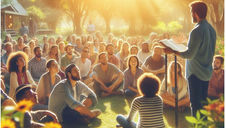 A speaker addresses a seated crowd in a sunny park, surrounded by lush trees. The mood is peaceful and attentive, with vibrant sunflowers nearby.