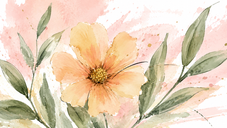 Watercolor peach-orange flower with green leaves on a soft pink splattered background, calm and delicate.