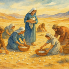 People in robes gather white objects in baskets in a desert landscape. Warm earth tones and a serene mood prevail.