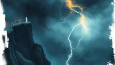Person stands on a cliff under a stormy sky, watching a dramatic lightning bolt. The scene feels intense with dark clouds and vivid colors.