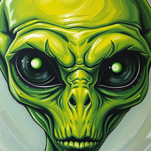 Vivid green alien figure with large eyes in a surreal, digital artwork setting. Circular gray-white background enhances focus.