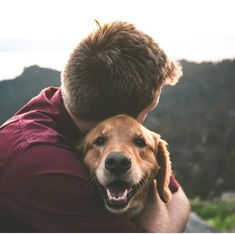 Man in red shirt hugs smiling dog in scenic mountain setting. The mood is warm and joyful, with a soft, natural color palette.