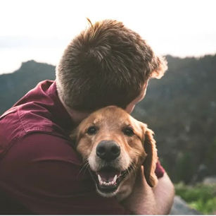 Man in red shirt hugs smiling dog in scenic mountain setting. The mood is warm and joyful, with a soft, natural color palette.