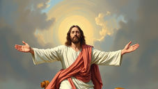 Jesus-like figure with halo, arms outstretched in a white robe and red sash against a cloudy golden sky