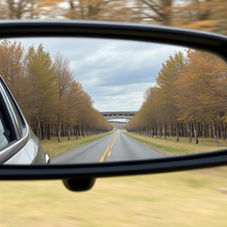 Car's side mirror reflects a tree-lined road under a cloudy sky, with fall foliage and a distant bridge, evoking a serene mood.