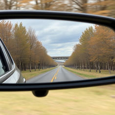 Car's side mirror reflects a tree-lined road under a cloudy sky, with fall foliage and a distant bridge, evoking a serene mood.