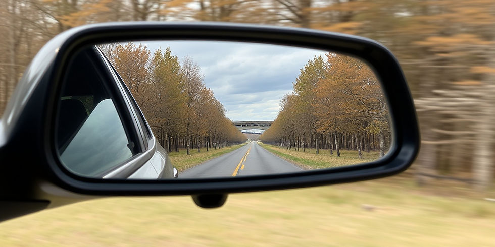 Car's side mirror reflects a tree-lined road under a cloudy sky, with fall foliage and a distant bridge, evoking a serene mood.