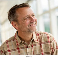 Man in plaid shirt smiling, looking to the right in a bright room with large windows. Mood is cheerful. Text: ReCraft AI.