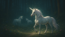 Three glowing unicorns in a mystical forest, surrounded by soft light and colorful flowers, creating an enchanting, magical atmosphere.