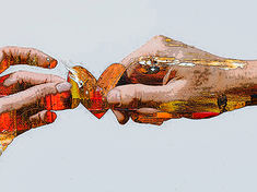 abstract photo of two hands passing a heart to the other