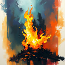 Bright flames rise from a burning structure against a smoky blue and orange abstract background, creating a dramatic, fiery scene.