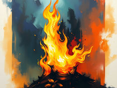 Bright flames rise from a burning structure against a smoky blue and orange abstract background, creating a dramatic, fiery scene.