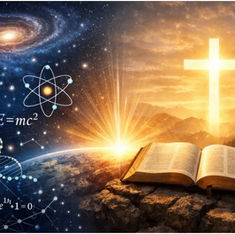 Galaxy, atom, DNA, and equations on left; open book on rocky surface with glowing cross and sunset on right; cosmic and spiritual theme.