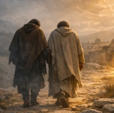 Two people in cloaks walk toward a glowing, open tomb at sunrise. Crosses on a hill appear in the background under a cloudy sky.