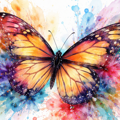 A vibrant butterfly with orange and purple wings is set against a splash of colorful watercolors, evoking a joyful and artistic mood.