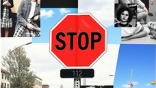 Collage with a red stop sign, street view, camera, and people in various poses. Background shows buildings, sky, and construction crane. Text visible.