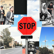 Collage with a red stop sign, street view, camera, and people in various poses. Background shows buildings, sky, and construction crane. Text visible.