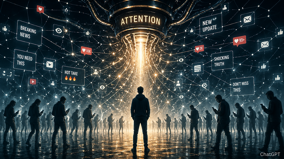 A person stands under a glowing "Attention" sign, surrounded by people on phones. Digital icons and words like "Breaking News" float in the air.
