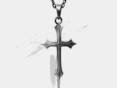 Silver cross pendant on a black chain against a white background with faint gray brushstrokes.