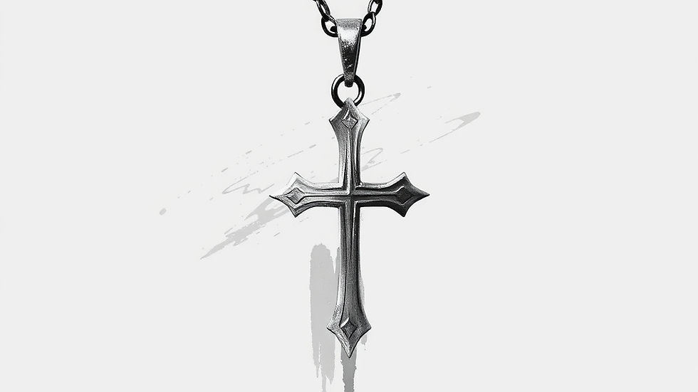 Silver cross pendant on a black chain against a white background with faint gray brushstrokes.