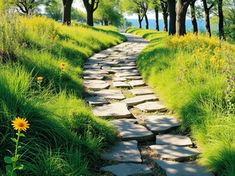 Stone path winds through lush green grass with yellow flowers under a canopy of trees. Bright, serene atmosphere.