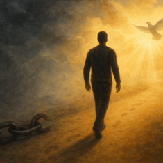 A man walks towards a glowing light with a dove, leaving broken chains behind. The scene is dramatic with dark and golden tones.
