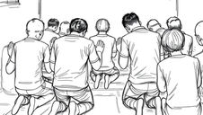 People kneeling in prayer in a minimalist setting. The image is black and white, and the mood is serene and contemplative.