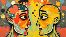 Two abstract humanoid figures face each other in vibrant colors with splashes and circles on a colorful, textured background, conveying introspection.