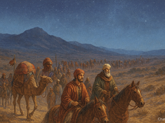 A caravan travels through a desert at night, with two men on horseback leading camels. Starry sky and mountains set the serene scene.