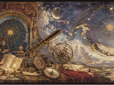 Medieval astronomers study maps by candlelight beside a telescope and armillary sphere, under a starry sky with ChatGPT watermark.
