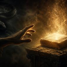 A hand reaches toward a glowing ancient book on a stone pedestal, with a coiled serpent in a dark smoky background.
