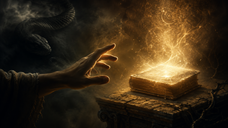 A hand reaches toward a glowing ancient book on a stone pedestal, with a coiled serpent in a dark smoky background.