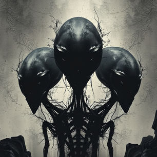 Three dark alien heads with elongated features and tangled roots emerge from a smoky, abstract background, creating an eerie atmosphere.