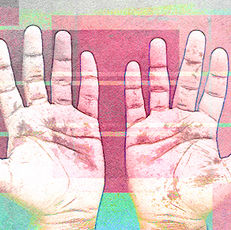 Two open hands with visible lines are set against a colorful background with pink and teal hues, creating a digital, abstract feel.