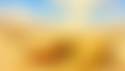 People gather manna under a clear blue sky in a desert with mountains. Three baskets overflow with golden manna, radiating warmth and abundance.
