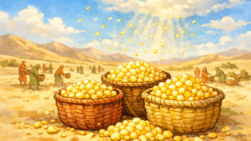 People gather manna under a clear blue sky in a desert with mountains. Three baskets overflow with golden manna, radiating warmth and abundance.