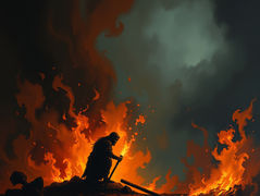A lone figure kneels amidst intense orange flames, holding a staff. Dark, smoky background adds a dramatic, intense mood.