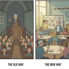 Left: A man speaks at a pulpit to a silent audience. Banner reads "Just Have Faith." Right: People engage in discussion. Sign says "Ask Good Questions."