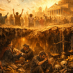 Crowd cheering in sunlit ancient city, birds in sky. Underground, men with coins, skulls, and scales. Tension and contrast depicted.