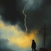 A silhouette of a person stands by a boat under a dark sky with a bolt of lightning. Yellow light breaks through the ominous clouds.