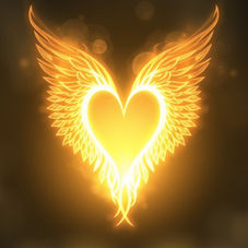 Glowing golden heart with angel wings on a dark background, creating a warm, radiant, dreamy mood