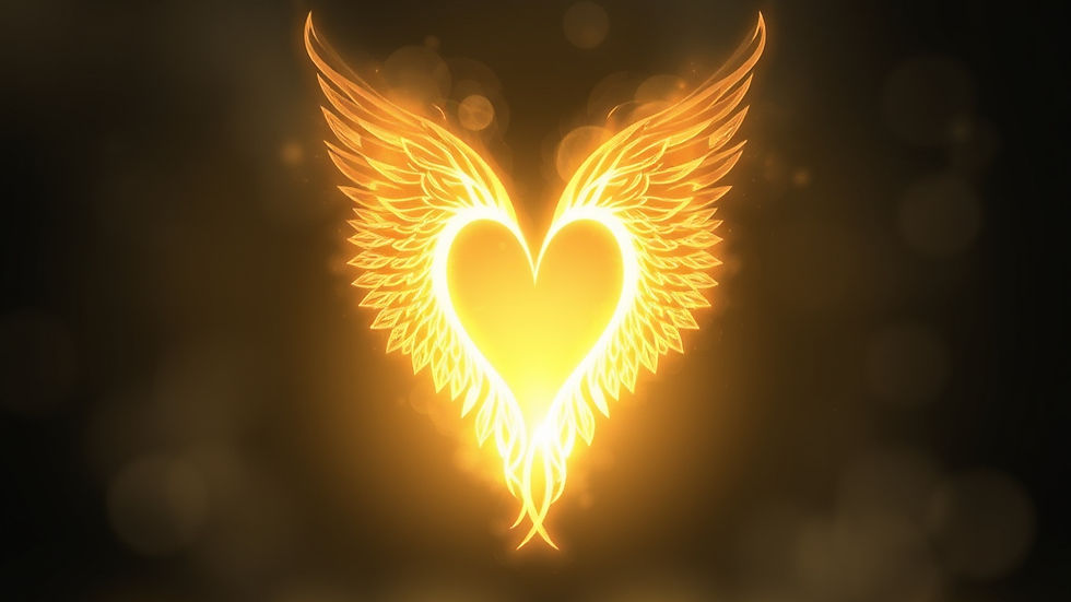 Glowing golden heart with angel wings on a dark background, creating a warm, radiant, dreamy mood
