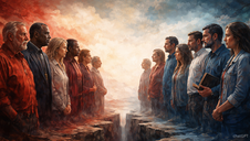 Two groups of people face each other across a chasm. Left wears red, right wears blue. Background is red and blue sky, creating a tense mood.