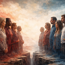 Two groups of people face each other across a chasm. Left wears red, right wears blue. Background is red and blue sky, creating a tense mood.