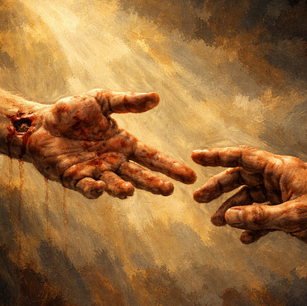 Two hands reaching towards each other against a textured, earthy, light-filled background. One hand shows a wound. The mood is solemn and hopeful.