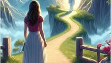 Woman on a mountain path gazes at figure in white, surrounded by bright light. Lush greenery and pink flowers line the path, creating a serene atmosphere.