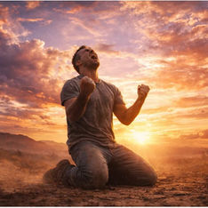 Man kneels in a dusty field, fists clenched, shouting toward a vibrant sunset sky with dramatic clouds. Emotion of triumph or anguish.