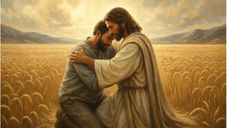 Omni Modal AI generated image of Jesus comforting a man in a field.
